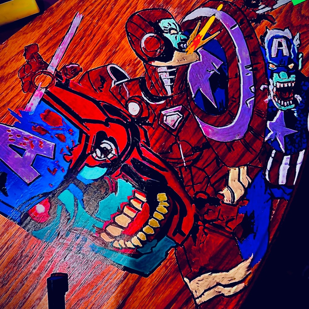 Dynamic Superhero Battle Illustration on Wood